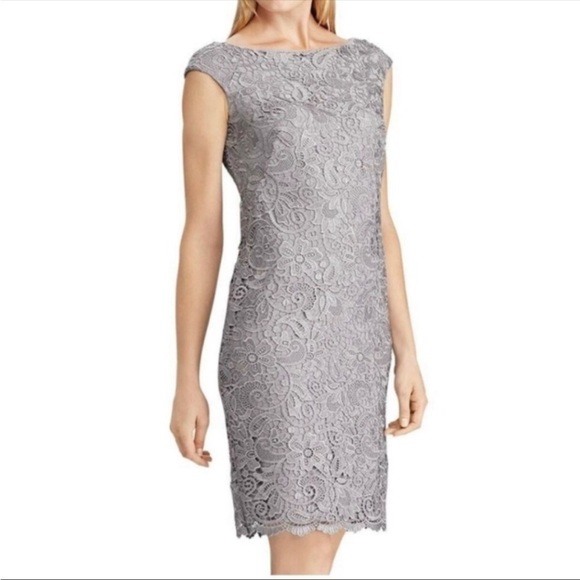 Lauren Ralph Lauren Dresses & Skirts - Ralph Lauren Evening Gray Lace Overlay Sheath Dress 6